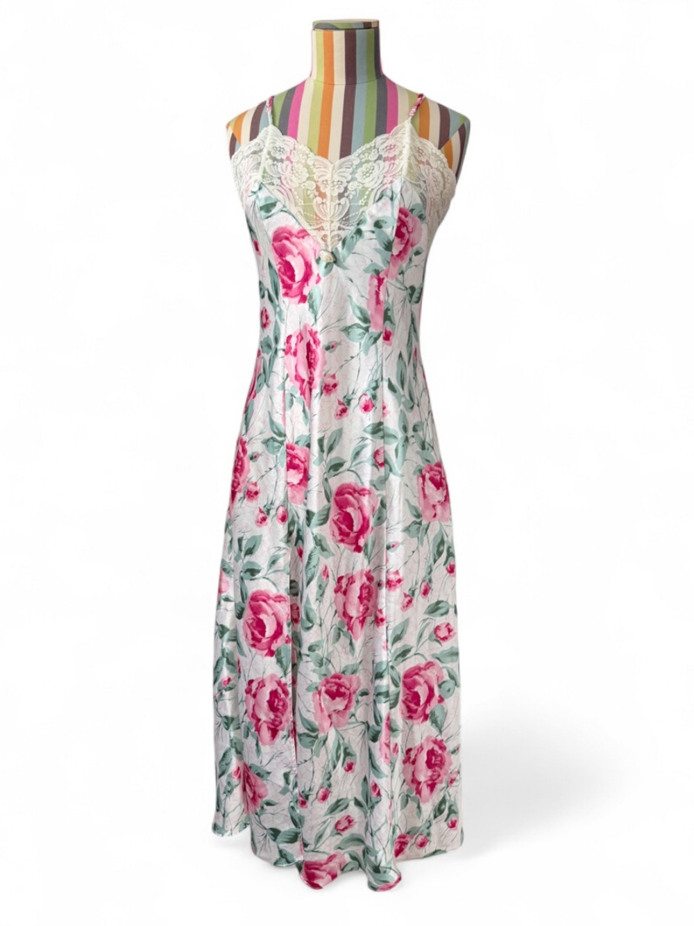 *Flaws* Vintage Honors Intimates Maxi Floral Lace Slip Dress Rosette Slit
